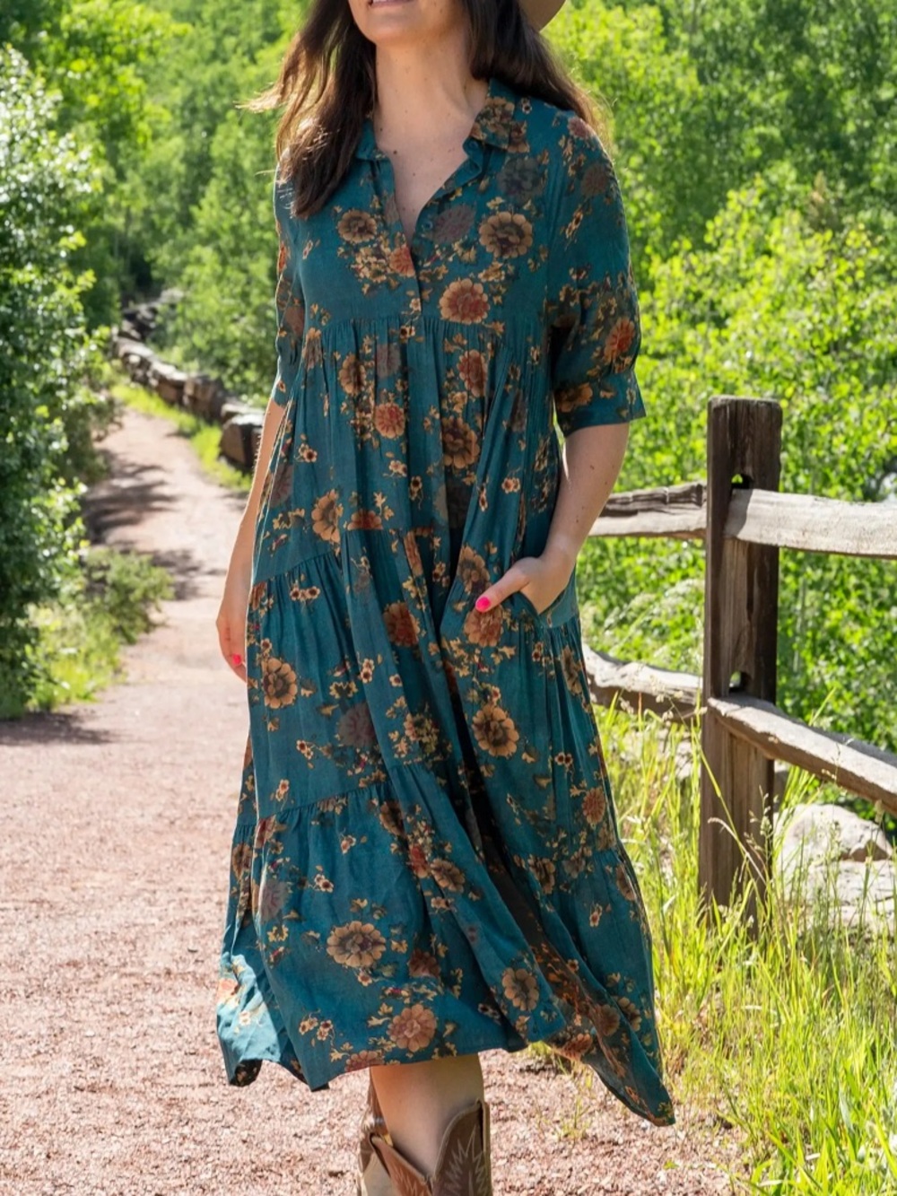 Natural Life Rebecca Midi Dress Teal Orange Floral Tiered Boho Lightweight Small